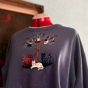 😻 Whimsical Embroidered Cat Sweatshirt – Grandma Chic Realness 🧶